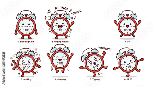 Cuadro en lienzo Collection of Cartoon Alarm Clocks Showing Different Emotions and Actions: A set of cute, red alarm clocks depicted in various animated poses and expressions