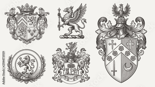 Quadro su tela Heraldic coat of arms collection with griffin, lion, eagle, and shield crests