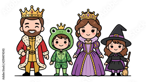 Fotografie Royal Fantasy Family: A king, queen, their child dressed as a frog, and another child dressed as a witch, all with cute chibi-style features and crowns, stand together for a playful family portrait