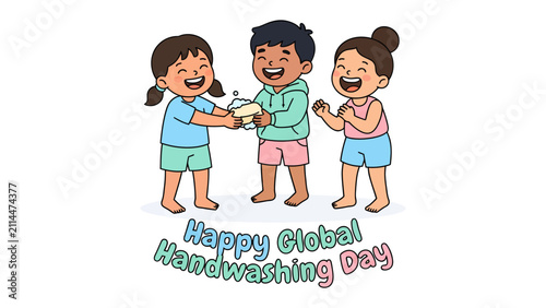 Obraz na plátně Happy Global Handwashing Day: Three smiling children joyfully share a bar of soap, celebrating good hygiene and the spirit of Global Handwashing Day