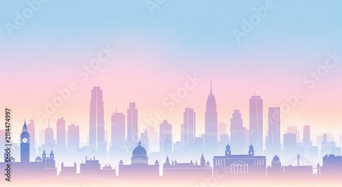 Pastel Skyline Silhouette of Famous City Landmarks at Sunrise.