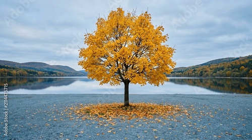 Single yellow maple tree by a lake in autumn