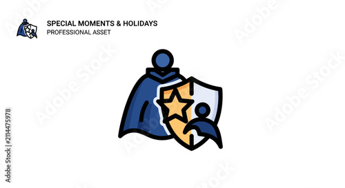 Shield with stars and person icon.