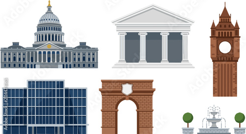 Konstfotografi Government and city landmark building vector set featuring capitol dome courtho