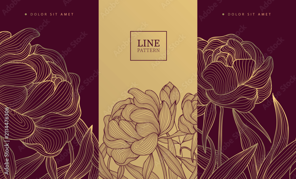 Obraz premium Luxury floral pattern with elegant golden line flowers, peonies, and botanical ornaments inspired by Chinese and Japanese art. Wedding art deco invites, wine labels, packaging, beauty products
