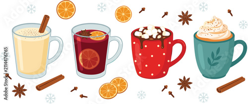 Foto Winter hot drinks vector illustration set featuring eggnog mulled wine cocoa wit