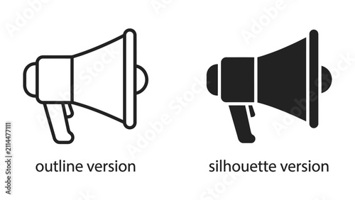 Fotografía Megaphone Icon: A graphic representation of a megaphone in both outline and silhouette versions, symbolizing communication and announcement