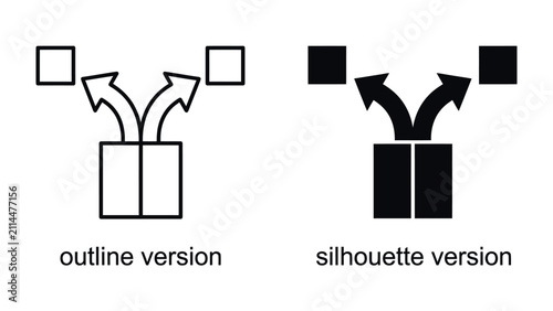 Konstfotografi Diverging Paths: A visual representation of a choice point, showing two distinct paths originating from a single origin, illustrated in both outline and silhouette styles