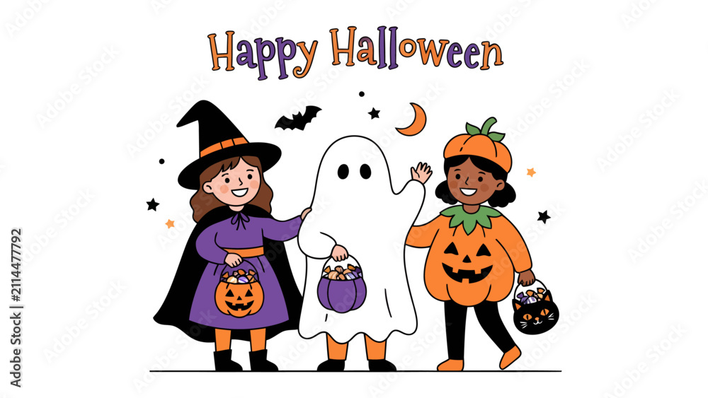 Fototapeta premium Happy Halloween Kids: Three children dressed in festive Halloween costumes—a witch, a ghost, and a pumpkin—stand together holding candy buckets, ready for trick-or-treating under a starry night sky.