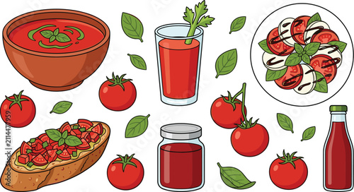 Bild auf Leinwand Fresh tomato dish vector illustration set featuring caprese salad bruschetta tom