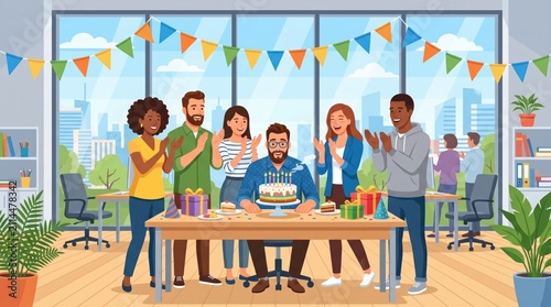 Diverse group of coworkers celebrating birthday around decorated office table with cake and gifts; team clapping and smiling in casual workplace party scene