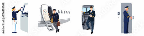 Obraz na plátne Set of vector illustrations depicting professional airline pilots in uniform performing various tasks like boarding, disembarking, and working in the cockpit