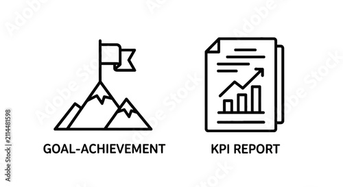 Business performance and strategic goal achievement icons including kpi analytics report with achievement business performance strategy analysis