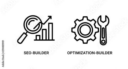 Seo builder and optimization tool icons for digital marketing strategy with optimization magnifying marketing analysis business development