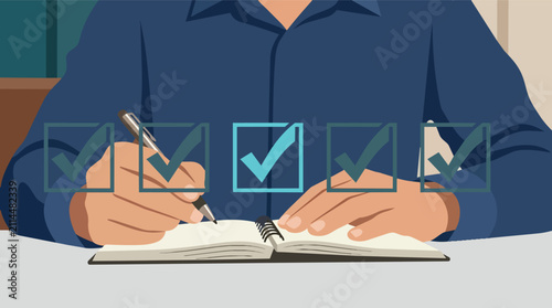 Task management checklist with feedback survey completion flat vector illustration for business productivity evaluation