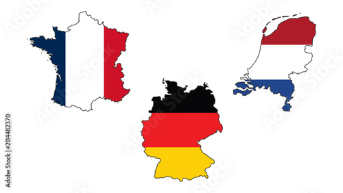 Vector set of Western Europe country map silhouettes with national flags. Featuring France, Germany, and Netherlands flag maps isolated on a clean white background.