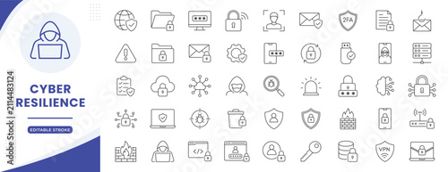 Modern security line icon set vector illustration containing lock, password, fingerprint, antivirus, network, payment and privacy symbols with editable stroke
