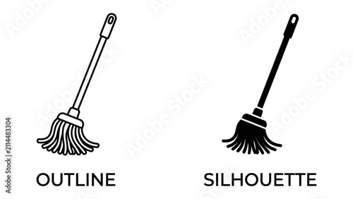 Obraz na płótnie Mop Outline and Silhouette: Two distinct representations of a mop, one a clear outline and the other a solid black silhouette, showcase a common cleaning tool in graphic form