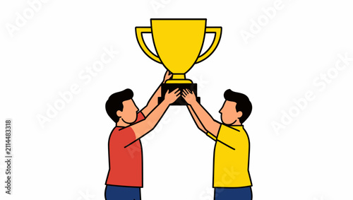 Two Men Lifting Gold Trophy Award.