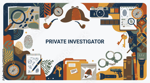 Private investigator equipment frame with detective icons.