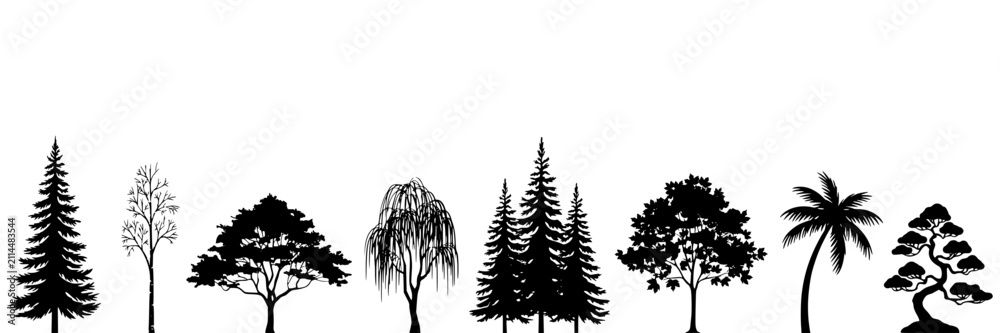 Obraz premium Trees in Various Silhouettes Arranged in a Row Featuring Tree, Silhouette, Forest with Nature and Plant Elements for Leaf, Branch