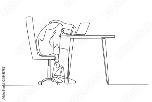 Принти на полотні A continuous line drawing depicting an exhausted young Arab businessman collapsing his head onto his office desk in front of his laptop, defeated by workplace stress and burnout