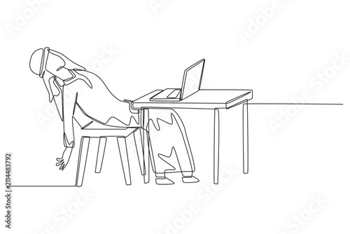 Quadro su tela A continuous line drawing depicting a young Arab businessman slumping back completely in his chair beside a laptop computer, completely worn out from corporate stress