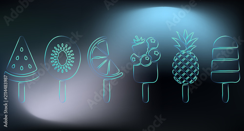 Neon Glass morphism Fruit Popsicle Icon Set with Watermelon Kiwi Orange Pineapple Berry and Ice Cream
