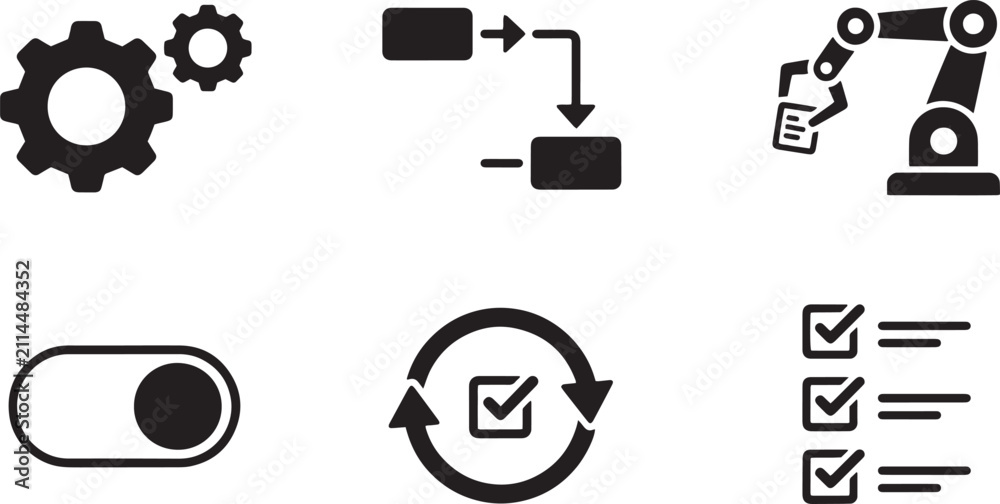 Fototapeta premium Industrial automation icons minimalist black flat vector graphic for business workflow optimization isolated on transparent background