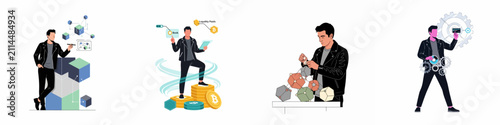 Fotografie Set of vector illustrations depicting a man in a leather jacket exploring blockchain technology, cryptocurrency investments, liquidity pools, and financial data analysis