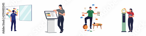Flat vector illustrations of professionals engaged in agile project management, featuring scrum boards, sprint reporting, and effective time management in a corporate office.