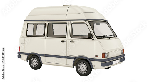 Cream colored camper van with dark trim and tinted windows
