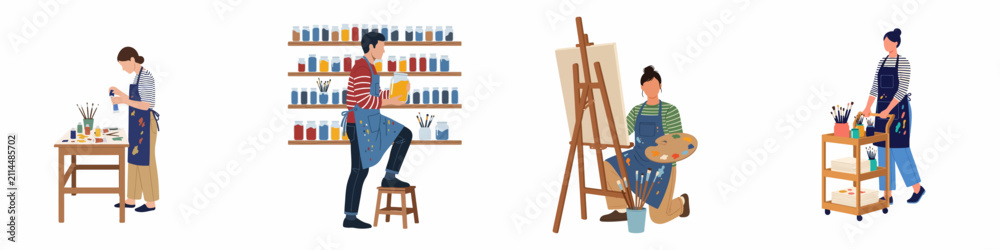 Fototapeta premium Set of flat vector illustrations depicting diverse artists working in their studio, painting on canvas, and organizing their art supplies and workshop.
