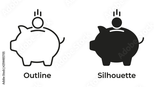 Piggy Bank Icon Set: Two piggy bank icons, one in outline and one in silhouette, depict the act of saving money with a coin being deposited.