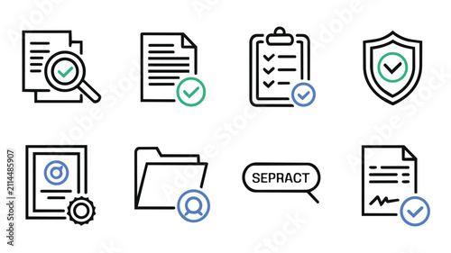 Line icons depicting document search security and data privacy concepts