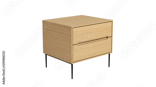 Photography Modern wooden nightstand with two drawers and black metal legs
