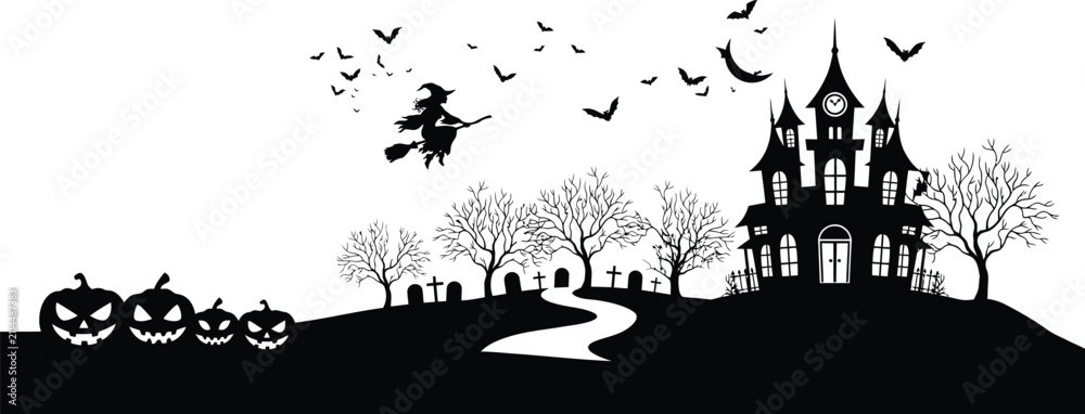 Obraz premium Halloween scene with witch flying over haunted castle and pumpkins