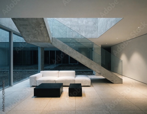 Modern minimalist interior design of living room with concrete stairs and white sofa