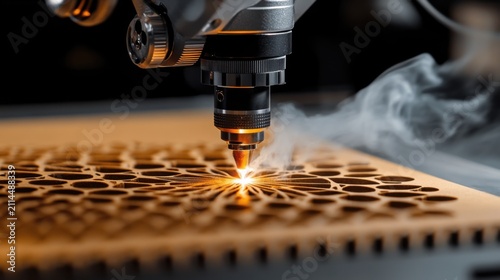 A close-up shot of a laser cutting machine precisely engraving a honeycomb pattern onto a wooden surface. Sparks fly as the laser beam meticulously carves through the material.
