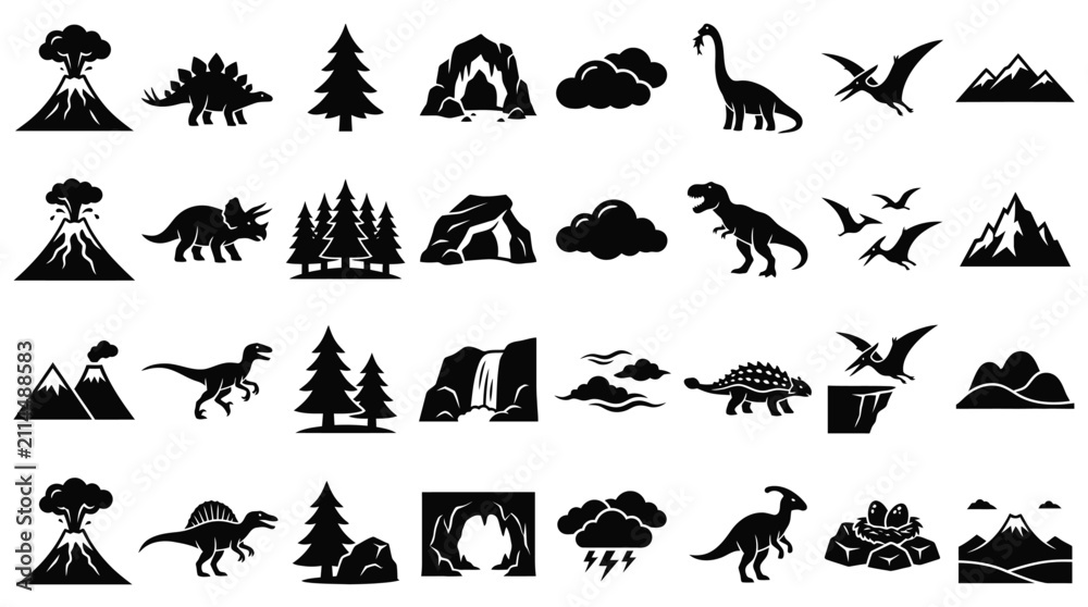 Obraz premium Comprehensive collection of black prehistoric icons featuring various dinosaur species like T-Rex and Triceratops alongside environmental elements like volcanoes, mountains, and trees.