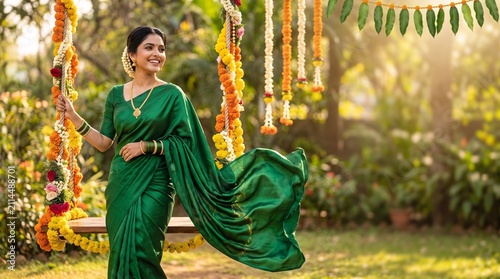 Beautiful young Indian woman in a traditional green silk sari sitting on a floral decorated swing, smiling joyfully during a festive celebration in a lush outdoor garden setting at sunset.
