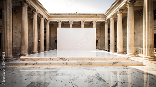 Grand classical colonnade with marble floor and white screen.