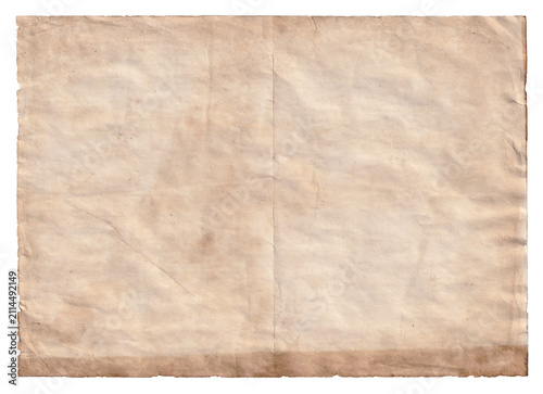 Konstfotografi Old paper sheet with stains, wrinkles and uneven edge high quality 600 dpi handm