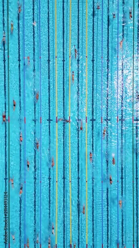 Aerial Top Down View of Swimmers Training in an Outdoor Swimming Pool