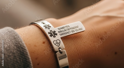 Close-up of a person's wrist wearing a medical alert bracelet engraved with 