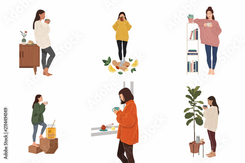 Set of cozy lifestyle illustrations featuring women drinking hot beverages in warm sweaters, perfect for autumn and winter themes.
