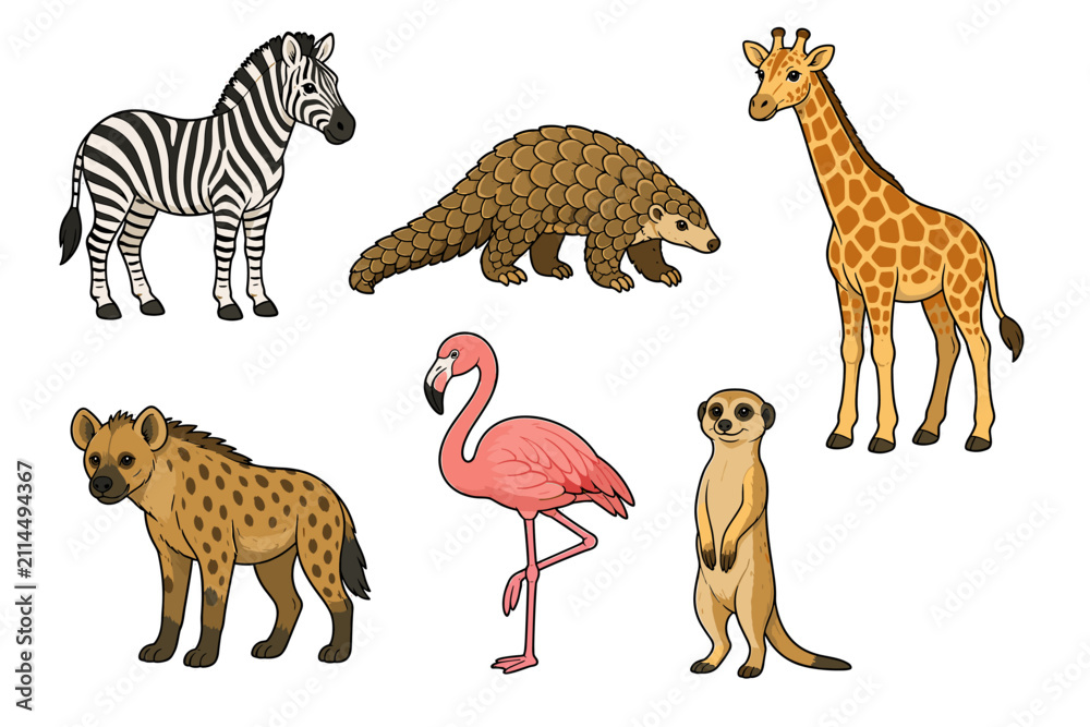 Obraz premium Cartoon safari animals set with zebra giraffe flamingo and more