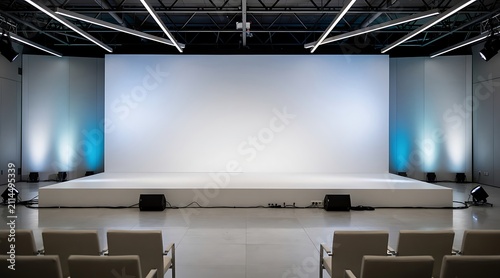 Modern conference hall stage with large screen and seating area.