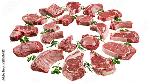 Fotografía Assortment of Raw Beef and Lamb Cuts with Rosemary Sprigs