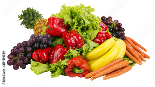 Fresh fruits and vegetables assortment bananas grapes carrots bell peppers lettuce, pineapple